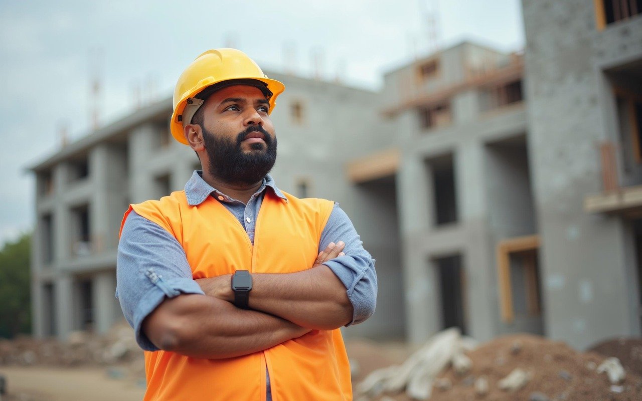 Engenheiro civil usando capacete de segurança e colete laranja em frente a uma obra em construção